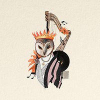 Owl aesthetic bird collage remix art with harp
