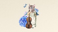 Anthropomorphic cat violinist collage, desktop wallpaper