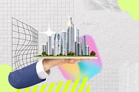 Hand presenting green city, creative collage art