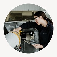 Female technician, career circle badge isolated on white background