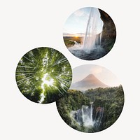 Waterfall and forest circle badges isolated on white background