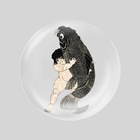 Boy wrestling fish  in bubble. Remixed by rawpixel.