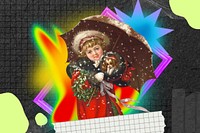 Christmas girl collage art, colorful gradient shape tape design
