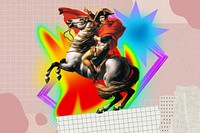 Knight riding horse collage art, colorful gradient shape tape design