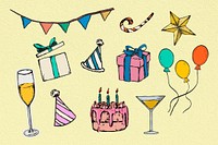 Yellow vintage birthday illustration set collage element psd