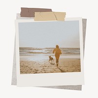 Beach travel with dog in instant film frame