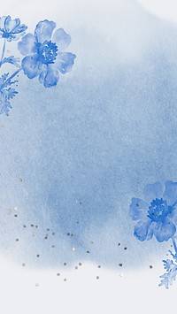 Blue watercolor flower iPhone wallpaper, botanical border