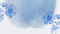 Blue watercolor flower background, botanical border