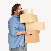 Man holding shipping boxes isolated image on white