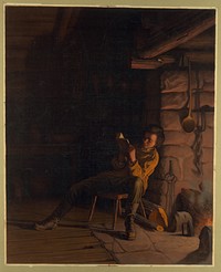 The boyhood of Lincoln--An evening in the log hut  E. Johnson; W. Harring. (1868) by L. Prang & Co.