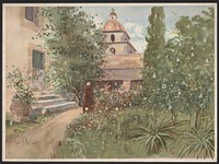 Santa Barbara Mission, garden scene  Louis K. Harlow. (1895) by Harlow, Louis K. (Louis Kinney)