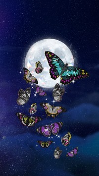 Dreamy butterflies phone wallpaper, full moon surreal background