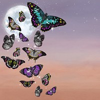 Dreamy butterflies background, full moon surreal design