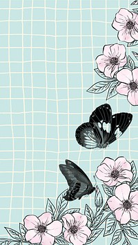 E.A. Séguy's butterfly mobile wallpaper, distorted grid background, remixed by rawpixel.