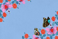 Blue botanical background, flowers and butterflies border