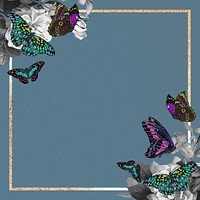 Gold butterfly frame background, blue textured design, remixed from the artwork of E.A. Séguy.