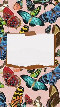 Ripped note paper mobile wallpaper, E.A. Séguy's butterfly pattern background, remixed by rawpixel.