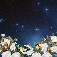 Starry sky background, white roses border, remixed from the artwork of E.A. Séguy.