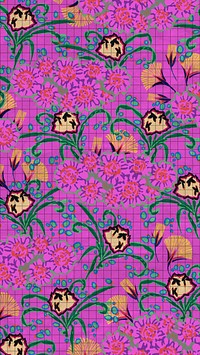 Pink flower patterned mobile wallpaper, vintage art deco background, remixed from the artwork of E.A. Séguy.