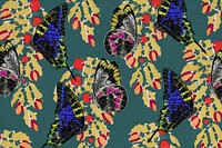 Vintage botanical butterfly background, green pattern, remixed from the artwork of E.A. Séguy.