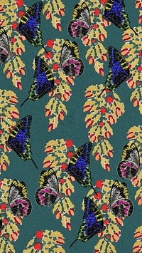 Vintage botanical butterfly iPhone wallpaper, green patterned background, remixed from the artwork of E.A. Séguy.