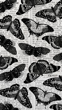 Black butterfly patterned phone wallpaper, vintage insect background, remixed from the artwork of E.A. Séguy.