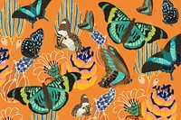 Exotic botanical butterfly background, orange pattern, remixed from the artwork of E.A. Séguy.