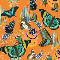 Exotic botanical butterfly background, orange pattern, remixed from the artwork of E.A. Séguy.