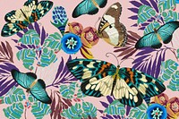 Exotic botanical butterfly background, vintage pattern, remixed from the artwork of E.A. Séguy.