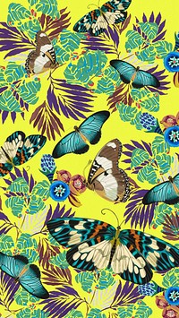 Exotic botanical butterfly mobile wallpaper, vintage patterned background, remixed from the artwork of E.A. Séguy.