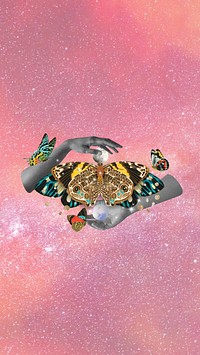 Surreal butterfly iPhone wallpaper, pink galaxy background, remixed from the artwork of E.A. Séguy.