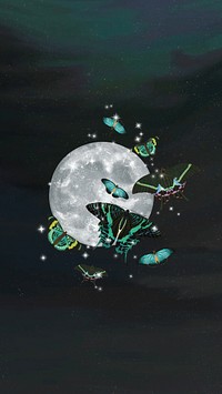 Aesthetic full moon mobile wallpaper, butterflies sky background, remixed from the artwork of E.A. Séguy.