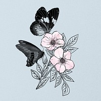 Vintage butterfly, aesthetic flower illustration