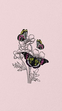 Vintage floral butterfly phone wallpaper, pink textured background, remixed from the artwork of E.A. S&eacute;guy.