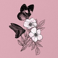 Vintage butterfly, aesthetic flower illustration