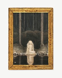 Gold picture frame mockup, vintage design with John Bauer's famous painting psd. Remixed by rawpixel.