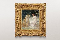 Gold picture frame, vintage design with Tiger and a Lady paintingpsd. Remixed by rawpixel.