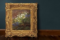 Gold picture frame mockup, vintage design with Anthonie Christensen's flower painting psd. Remixed by rawpixel.