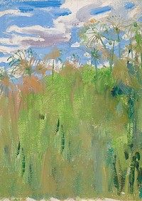 Vintage grass field background, blue sky painting by Akseli Gallen-Kallela. Remixed by rawpixel.