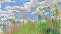 Vintage grass field background, blue sky painting by Akseli Gallen-Kallela. Remixed by rawpixel.