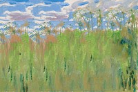 Vintage grass field background, blue sky painting by Akseli Gallen-Kallela. Remixed by rawpixel.