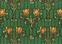 Floral stained glass background, yellow tulip with green foliage. Remixed by rawpixel.