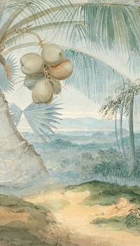 Coconut tree landscape iPhone wallpaper, vintage nature illustration by Samuel Daniell. Remixed by rawpixel.