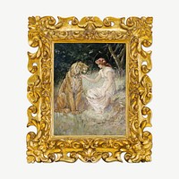 Gold picture frame mockup, vintage design with Tiger and a Lady painting psd. Remixed by rawpixel.