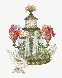 Conservatory Fountain, vintage garden illustration psd by Perkins Harnly and Nicholas Zupa. Remixed by rawpixel.