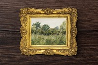 Gold picture frame mockup, vintage design with P. C. Skovgaard's meadow painting psd. Remixed by rawpixel.