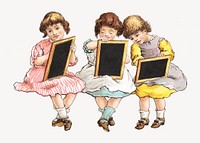 Children drawing on blackboard, vintage illustration. Remixed by rawpixel.