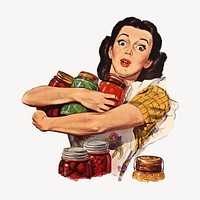 Woman holding jam jars, vintage illustration by Dick Williams. Remixed by rawpixel.