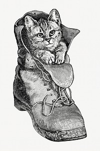 Cat in a boot, funny animal vintage illustration. Remixed by rawpixel.