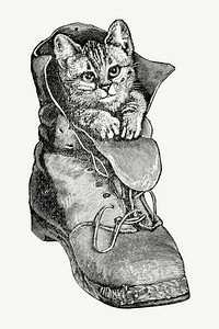 Cat in a boot, funny animal vintage illustration psd. Remixed by rawpixel.